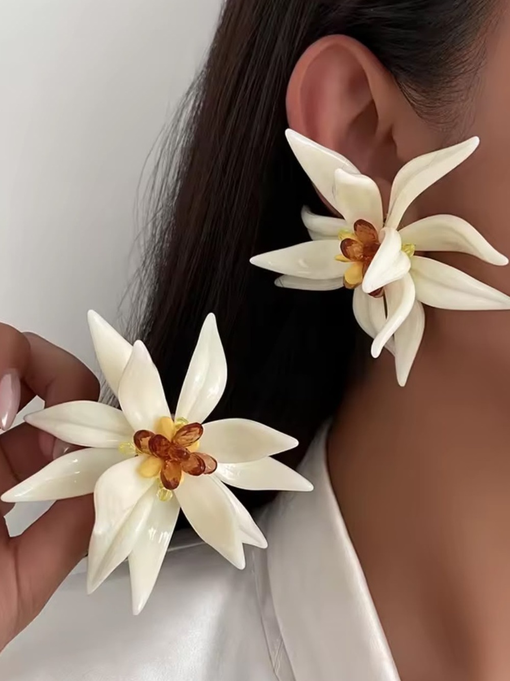 Anthropologie Ivory Floral Statement Earrings with Amber Center